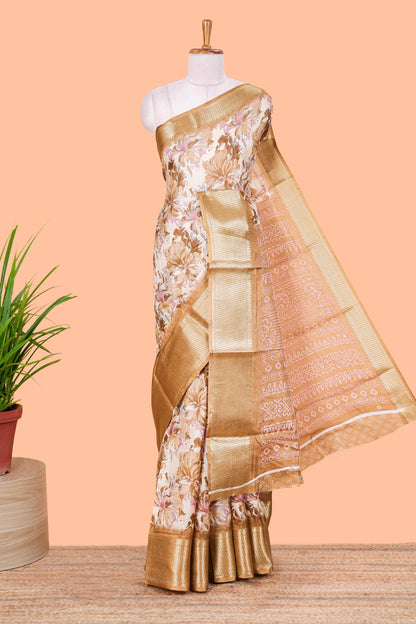 Brown Semi Banaras Dola Silk Floral Printed With Jacquard Border