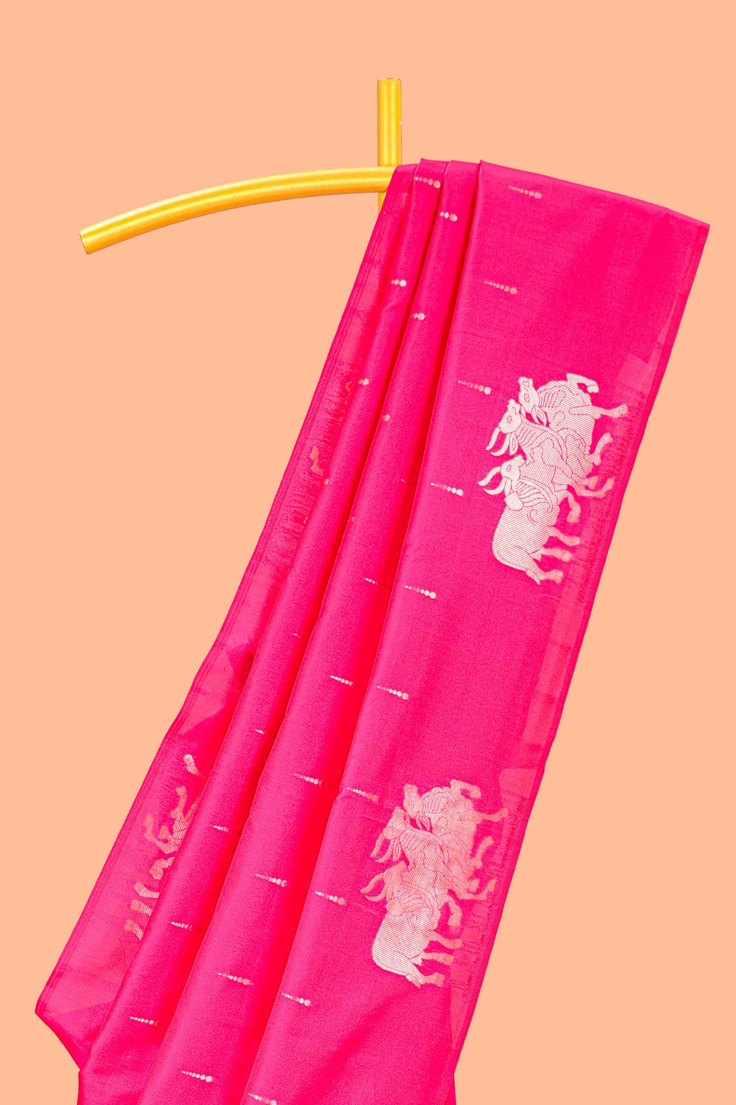 Pink Semi Soft Silk Saree Body Rain Drop Butti and Border Nandhi Motifs and Grand Zari Rich Pallu