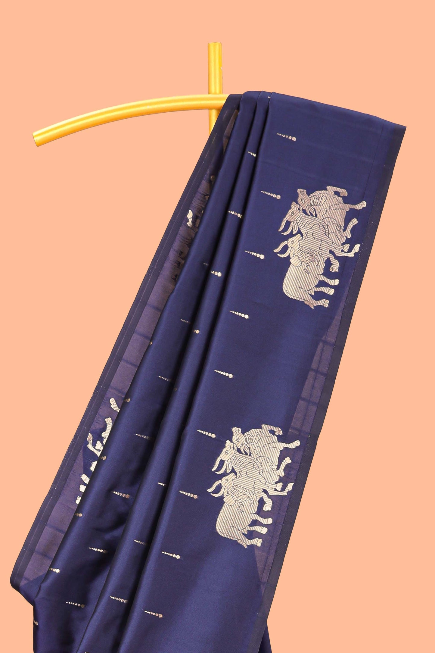 Navy Blue Semi Soft Silk Saree Body Rain Drop Butti and Border Nandhi Motifs and Grand Zari Rich Pallu