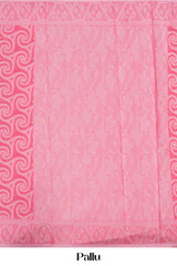 Pink Bengal Cotton Saree with Swirl Pattern, Thread Butta Work & Geometric Motif Pallu
