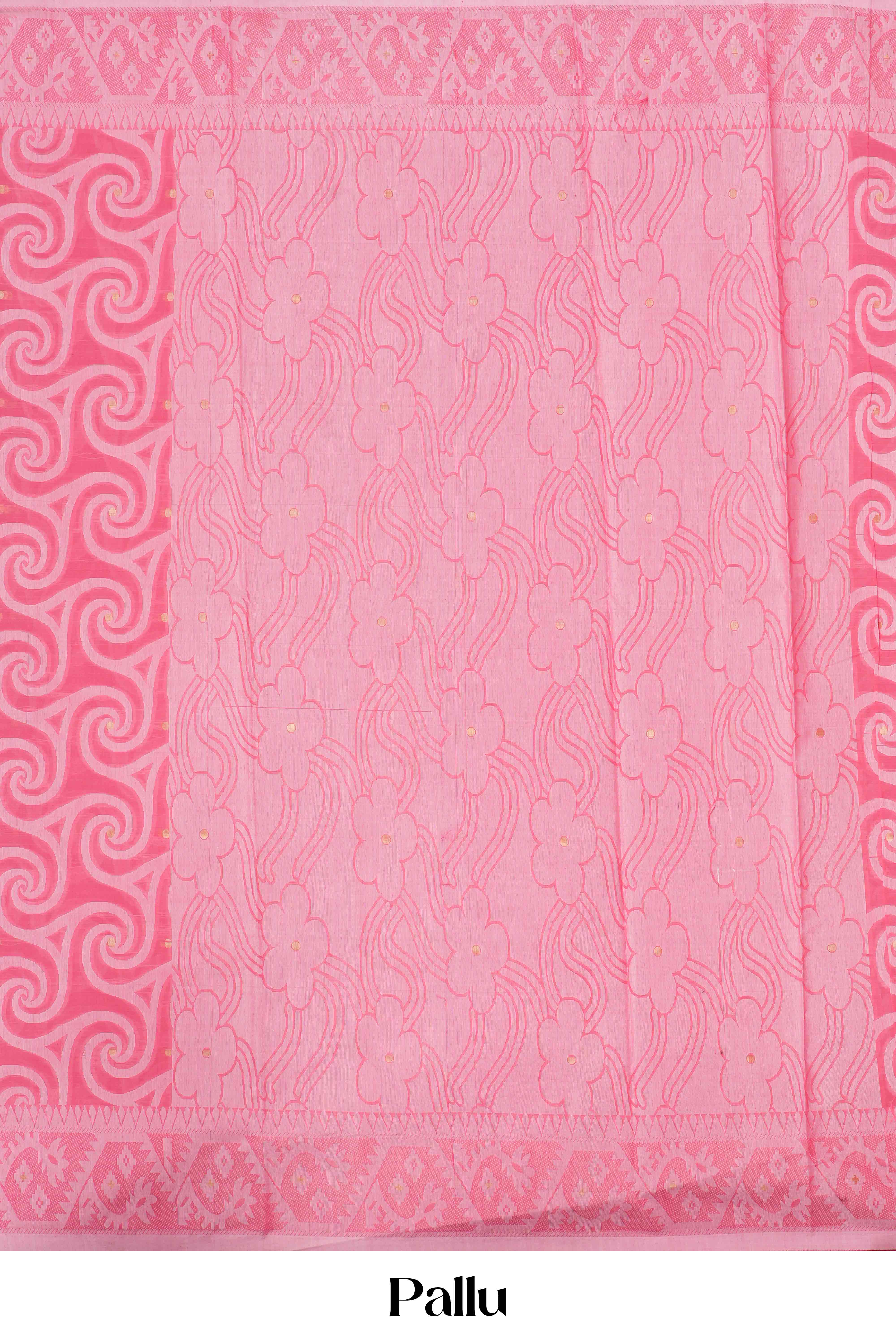 Pink Bengal Cotton Saree with Swirl Pattern, Thread Butta Work & Geometric Motif Pallu