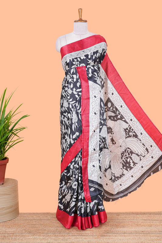 Black floral design kalamkari print south cotton saree with contrast border and matching blouse