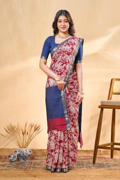 Maroon Dola Silk Saree Floral Design Across The Body & Contrast Pallu Along With Blouse