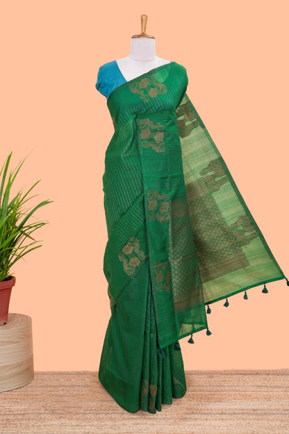 Green Raw Silk Saree Golden Zari Stripes Across The Body And Diamond Motifs Pallu