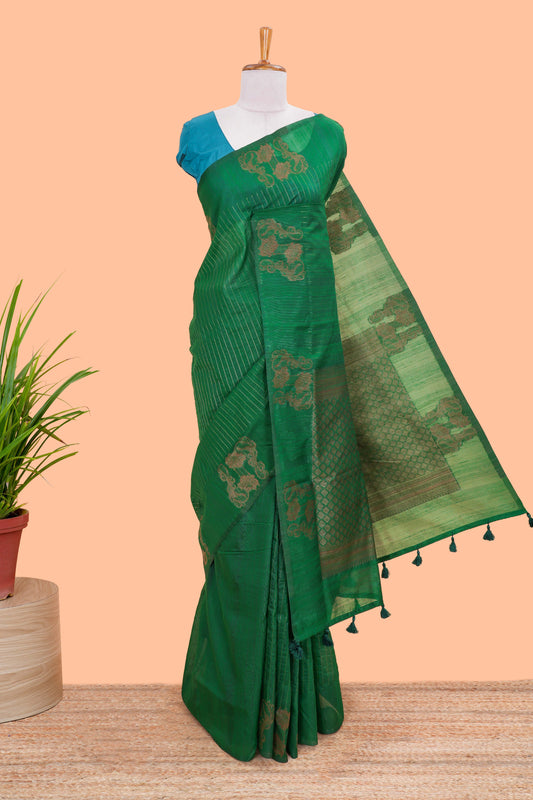 Green Raw Silk Saree Golden Zari Stripes Across The Body And Diamond Motifs Pallu