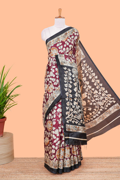 Maroon floral vine kalamkari style south cotton saree with contrast border and blouse
