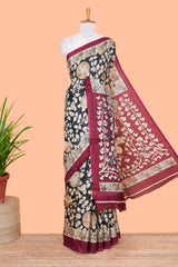 Black floral vine kalamkari style south cotton saree with contrast border and blouse