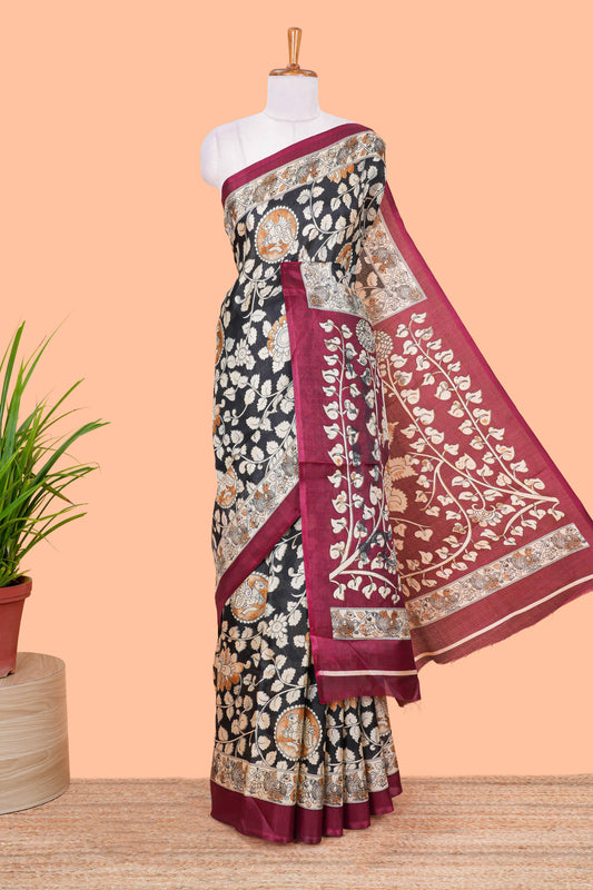 Black floral vine kalamkari style south cotton saree with contrast border and blouse