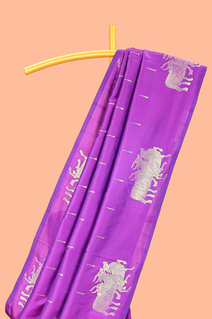 Purple Semi Soft Silk Saree Body Rain Drop Butti and Border Nandhi Motifs and Grand Zari Rich Pallu