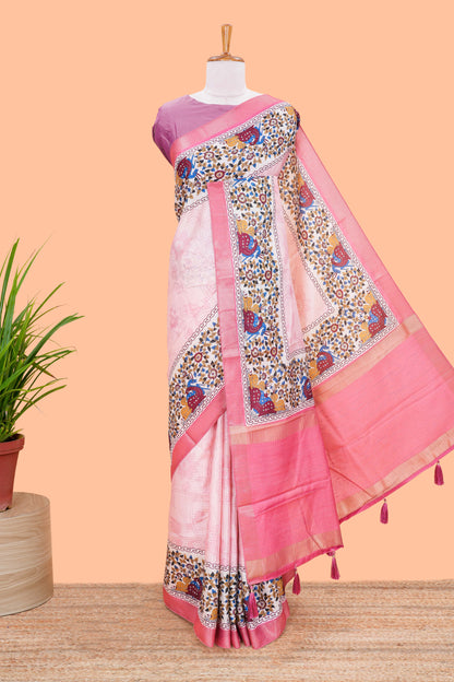 Peach Art Tussar Saree Floral Design Across Body Along With Blouse