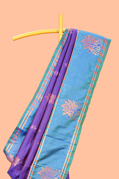 Violet Semi Soft Silk Saree Body All Over Leaf Motifs Zari Butti And Bentex Border With Grand Zari
