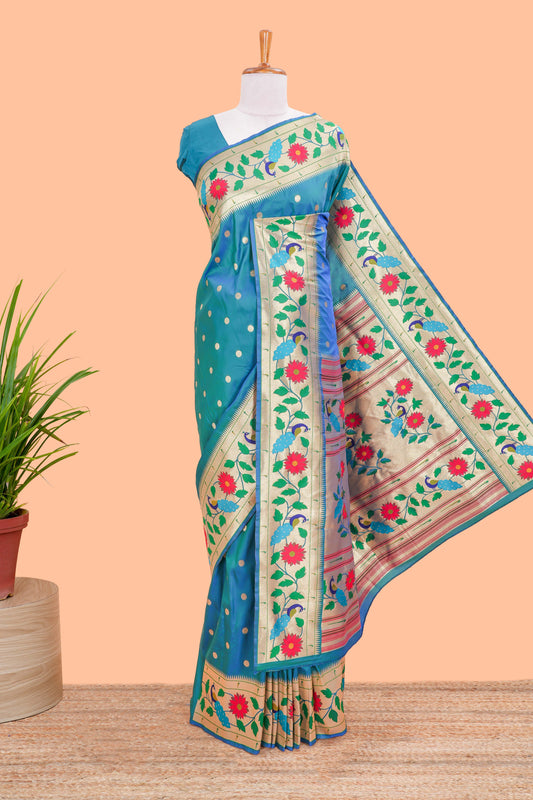 Peacock Blue Art Silk Saree Golden Zari Paisa Motifs Across The Body & Paithani Pallu Along With Blouse