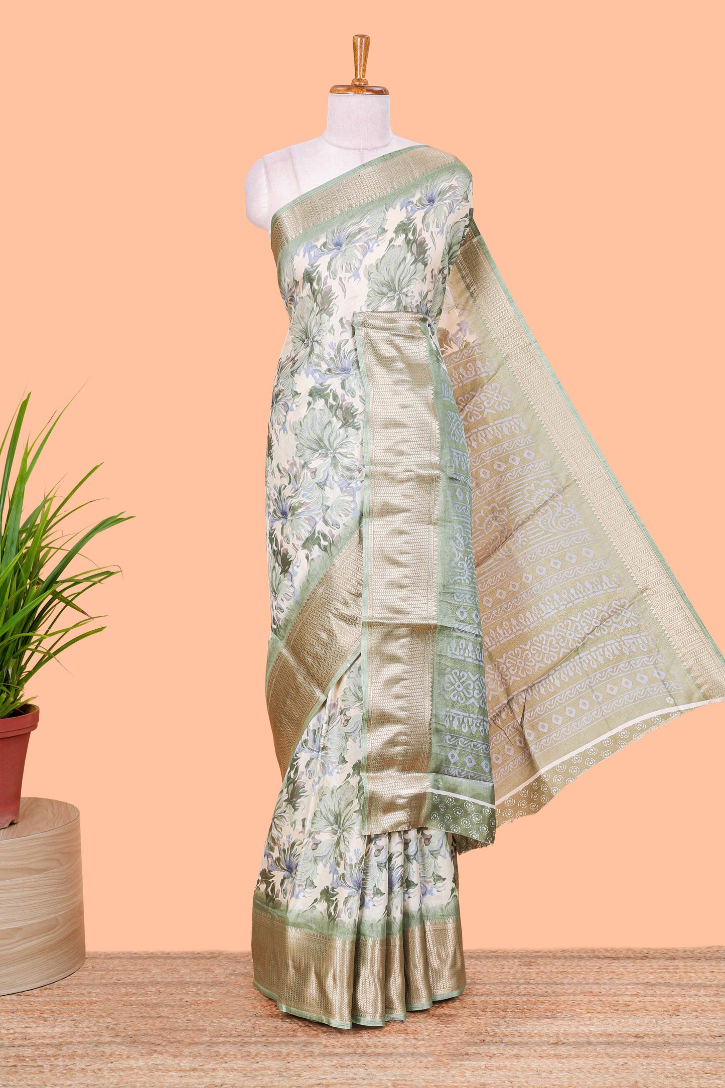 Powder Green  Semi Banaras Dola Silk Floral Printed With Jacquard Border