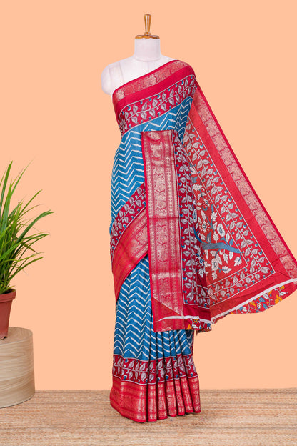 Turkish Blue Tusser Silk Geometrical Design With Jacquard Border