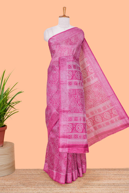 Pink south cotton saree with bandhini print body & pallu and silver bawanchi border