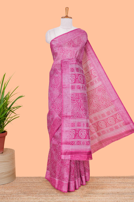 Pink south cotton saree with bandhini print body & pallu and silver bawanchi border