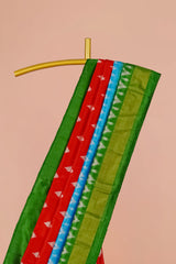 Multicolor Ikkat Pure Silk Saree with Red Body, Blue Accents and Green Contrast Border