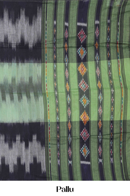 Black And Green Khadi Cotton Saree All Over Ikkat Design