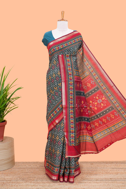 Green Semi Tussar Saree Ikkat Print Across The Body And Contrast Pallu