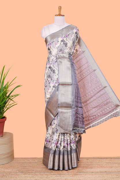 Grey Semi Banaras Dola Silk Floral Printed With Jacquard Border