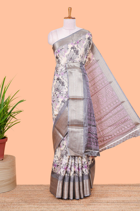 Grey Semi Banaras Dola Silk Floral Printed With Jacquard Border