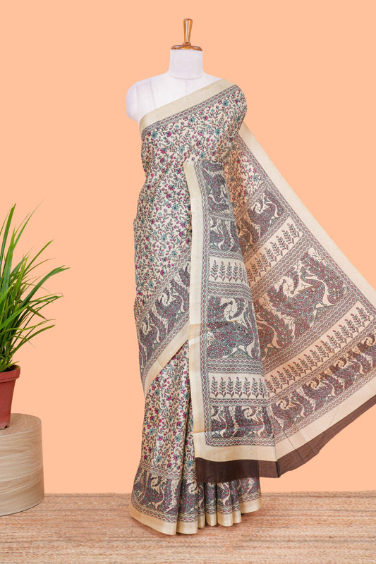 Sandal floral madhupani print south cotton saree with self border and contrast blouse