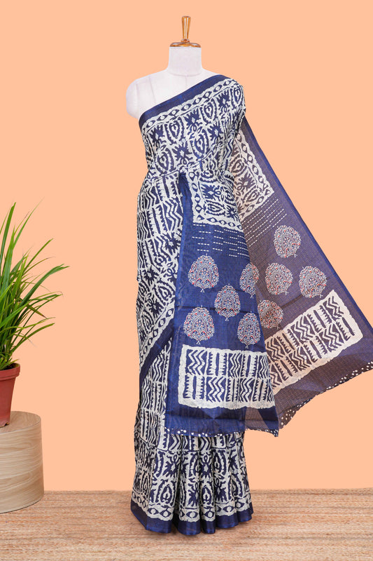 Navy Blue south Cotton Body And Pallu All Over Batick Print Design