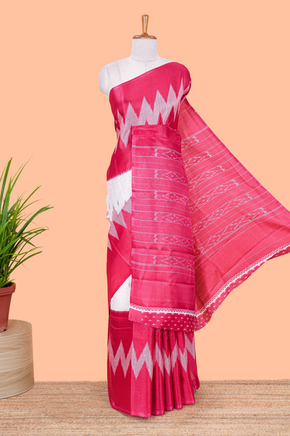 Pink & white geometric ikkat style south cotton saree with striped pallu and blouse