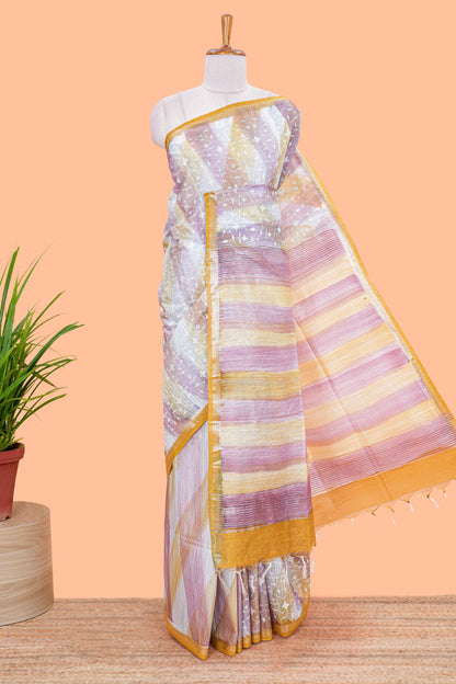 Art Tussar Multi Print With Chikenkaari Work Border Less With Tassels