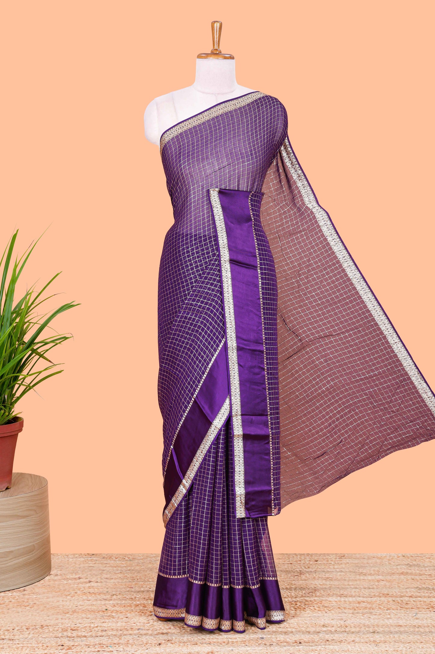 Violet Georgette Saree All Over Zari Check With Satin Border