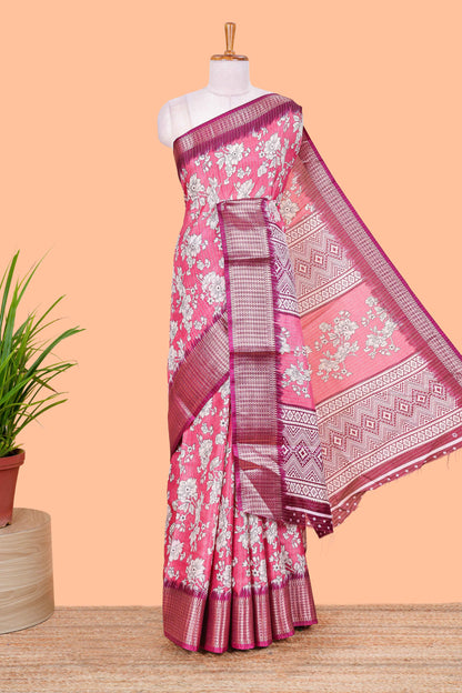 Pink Dola Silk Saree  Floral Printed With Jacquard Border