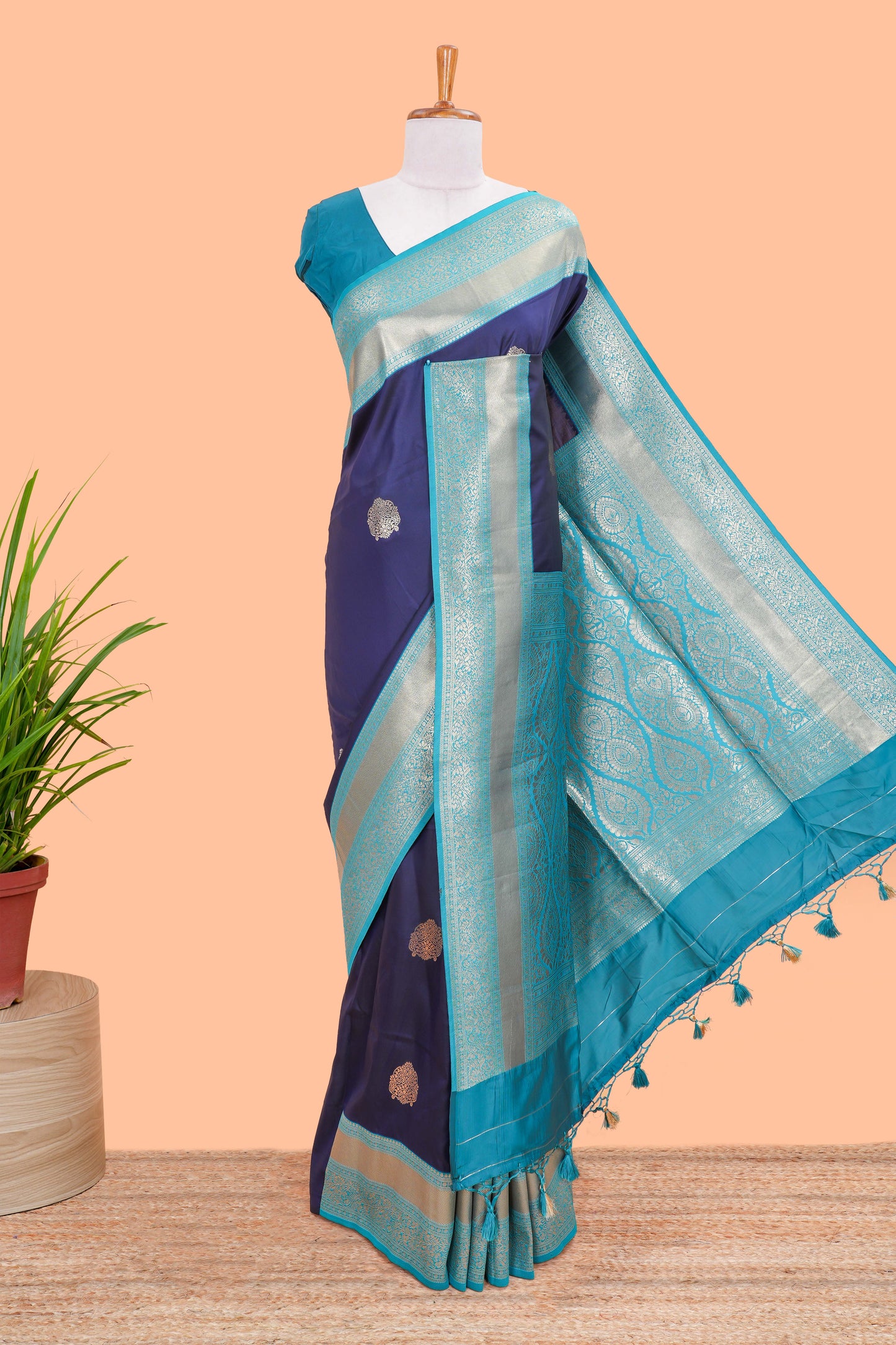 Raw Silk Saree Golden Zari Butta Across The Body And Contrast Pallu