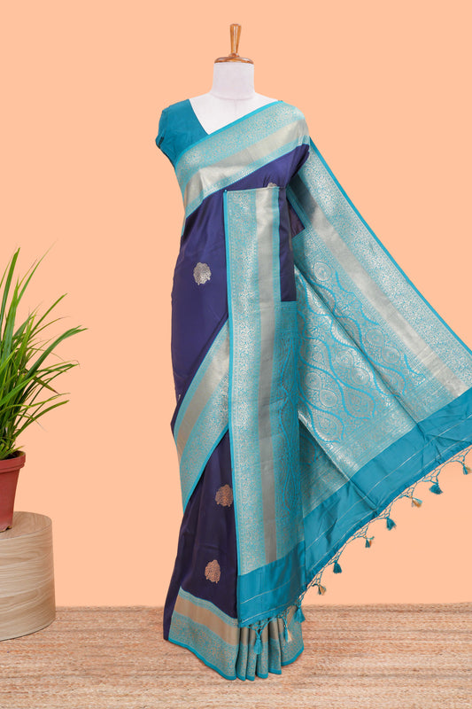 Raw Silk Saree Golden Zari Butta Across The Body And Contrast Pallu