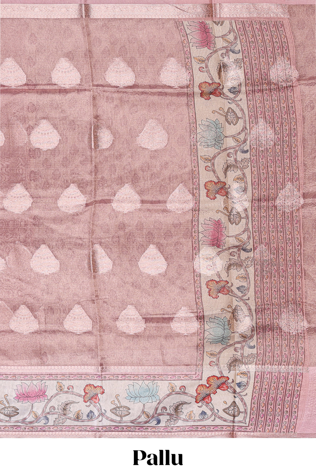 Pink polka motifs design art tissue saree with contrast floral design border and matching motifs blouse