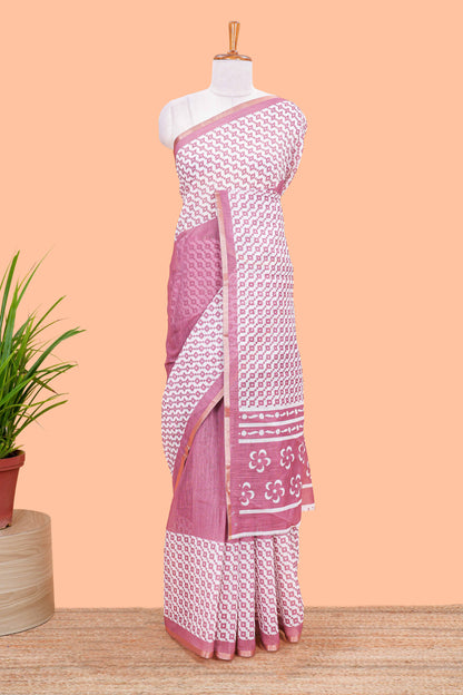 White and pink geomentric style linen cotton saree with matching blouse and printed pallu