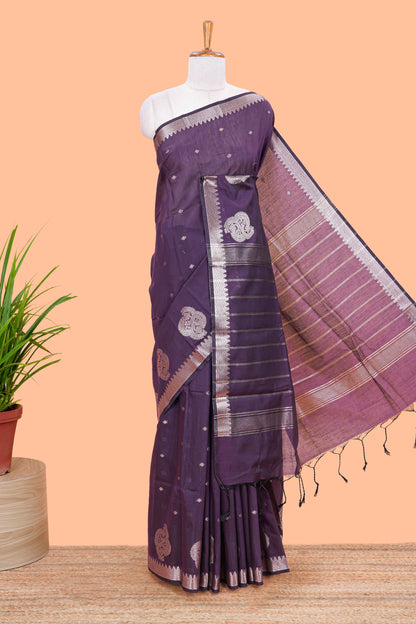 Purple mushru silk saree with zari butta, self zari border and striped pallu