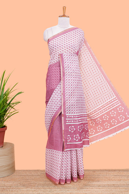 White and pink geomentric style linen cotton saree with matching blouse and printed pallu