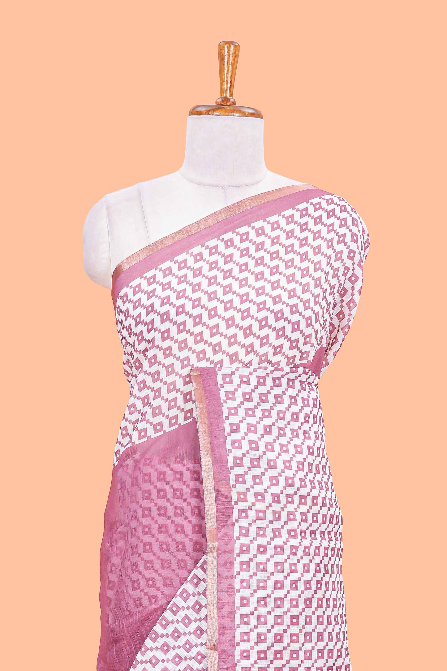 White and pink geomentric style linen cotton saree with matching blouse and printed pallu