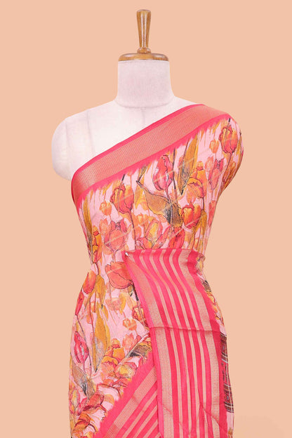 Pink moss chiffon saree with striped floral print, contrast zari border and pallu