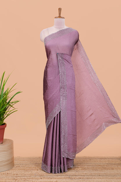 Pink chiffon georgette crush saree with all-over stone work, stone & beads border, and short stone work pallu with contrast embroidery blouse