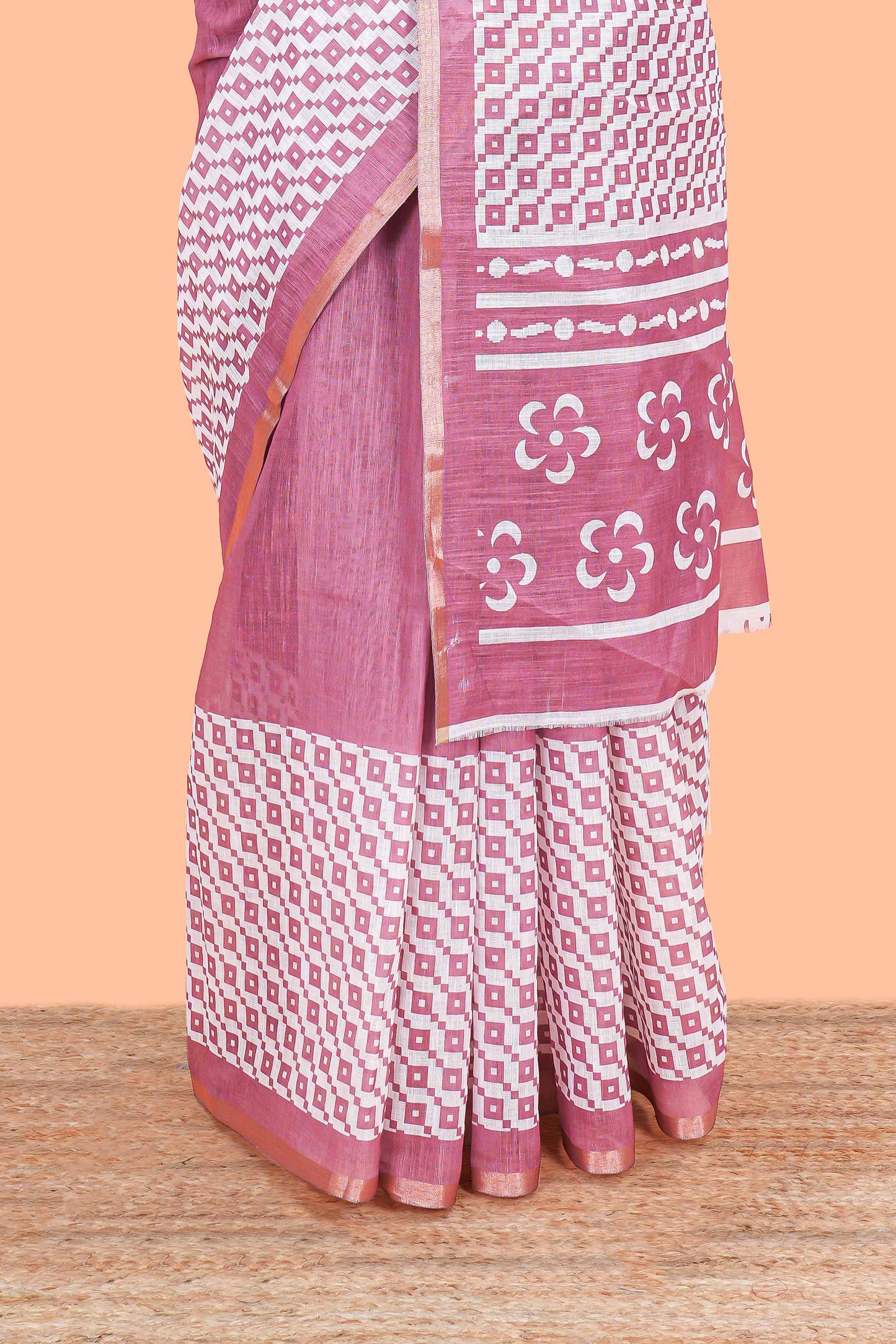 White and pink geomentric style linen cotton saree with matching blouse and printed pallu
