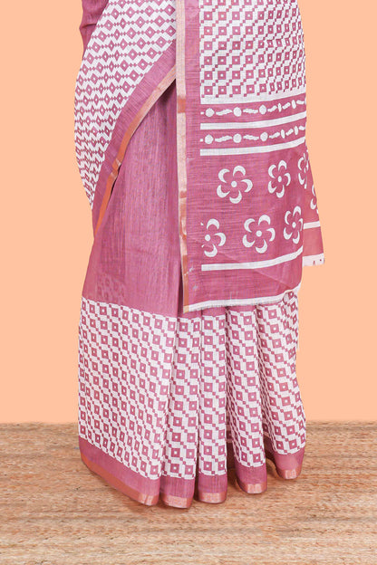 White and pink geomentric style linen cotton saree with matching blouse and printed pallu