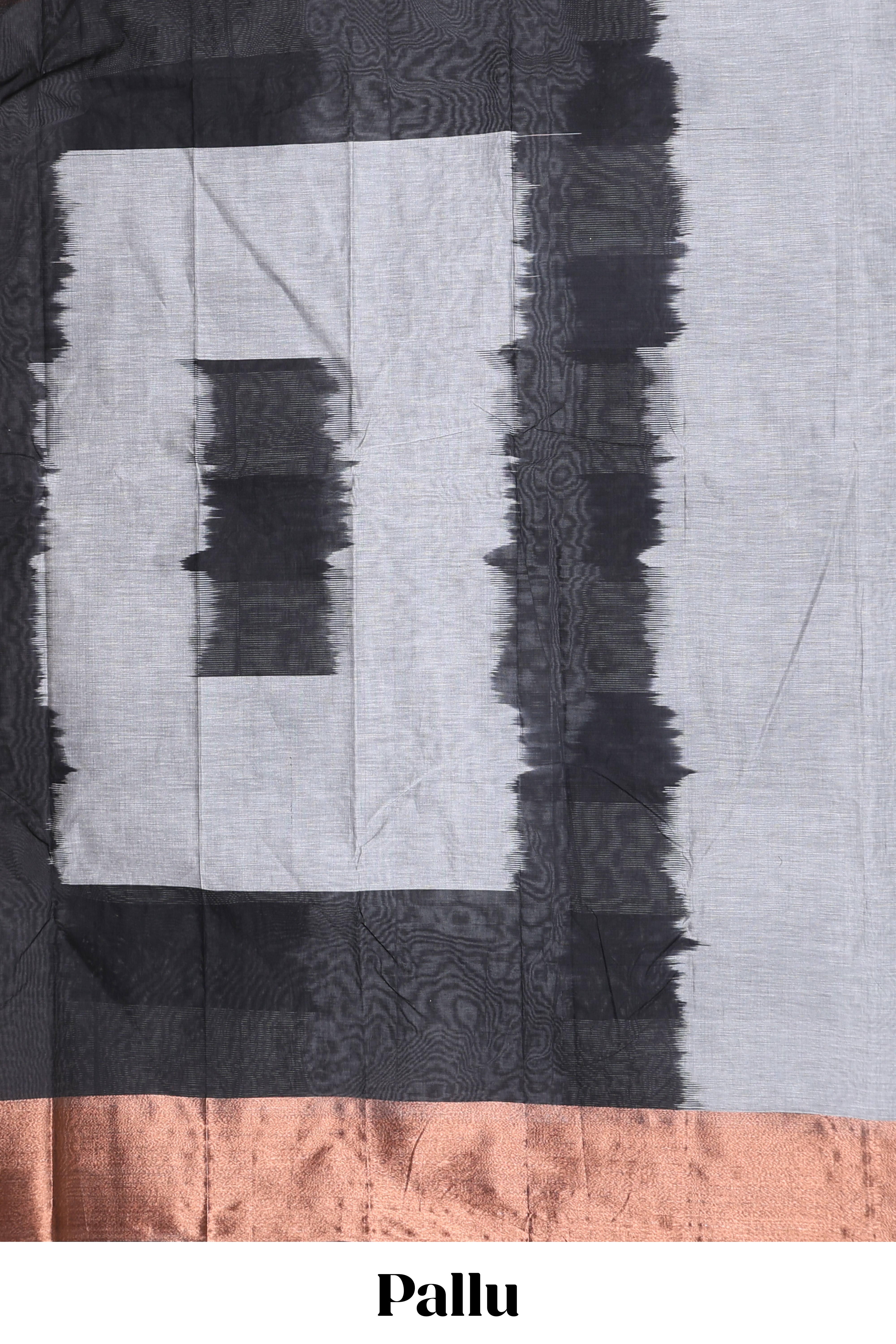 Grey striped bengal cotton saree with copper zari border and pallu