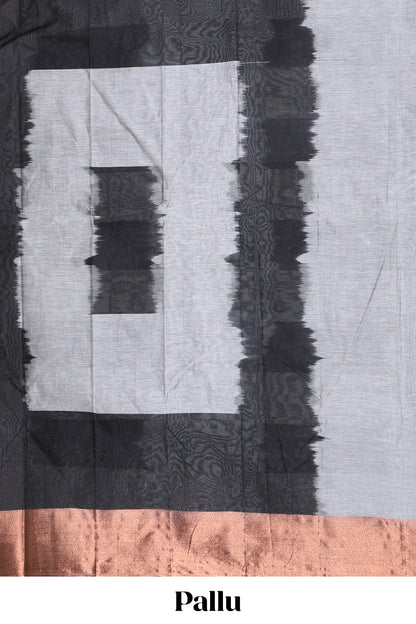 Grey striped bengal cotton saree with copper zari border and pallu