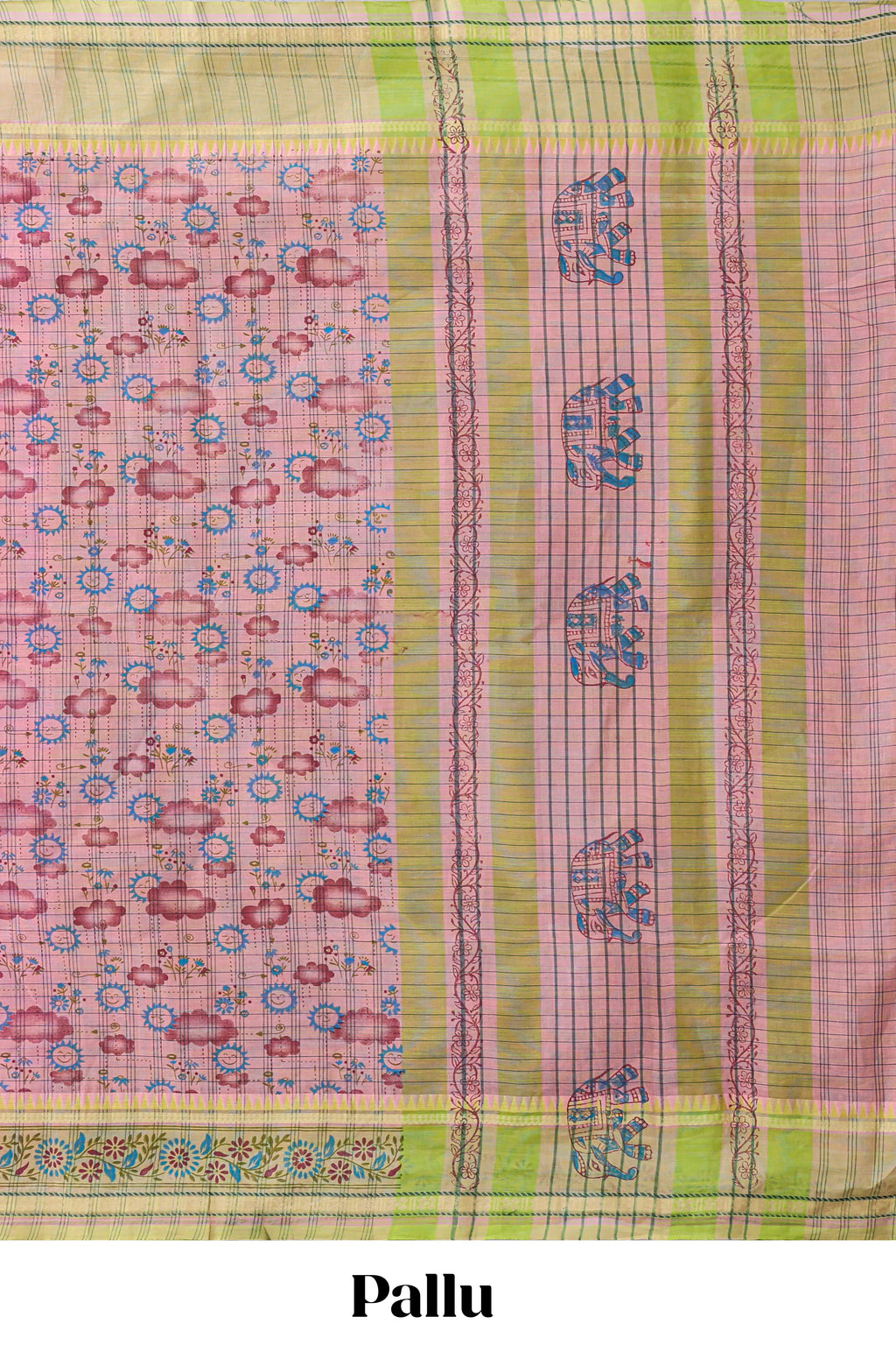 Pink checked motifs design chirala cotton saree with contrast border and striped blouse