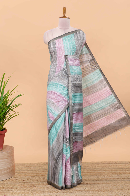 Multi color stripes chikankari cotton saree with thread work and self pallu
