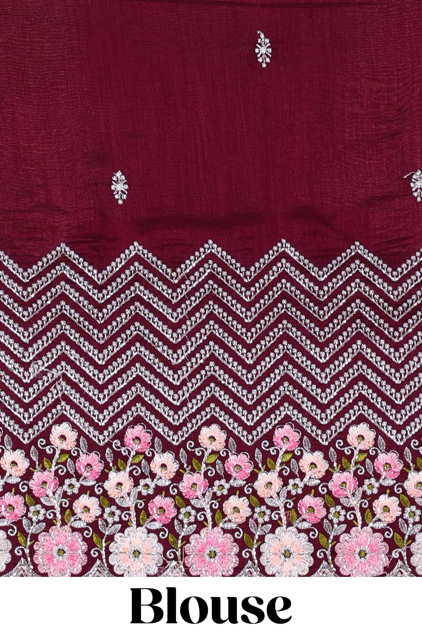 Pink chiffon georgette crush saree with all-over stone work, stone & beads border, and short stone work pallu with contrast embroidery blouse