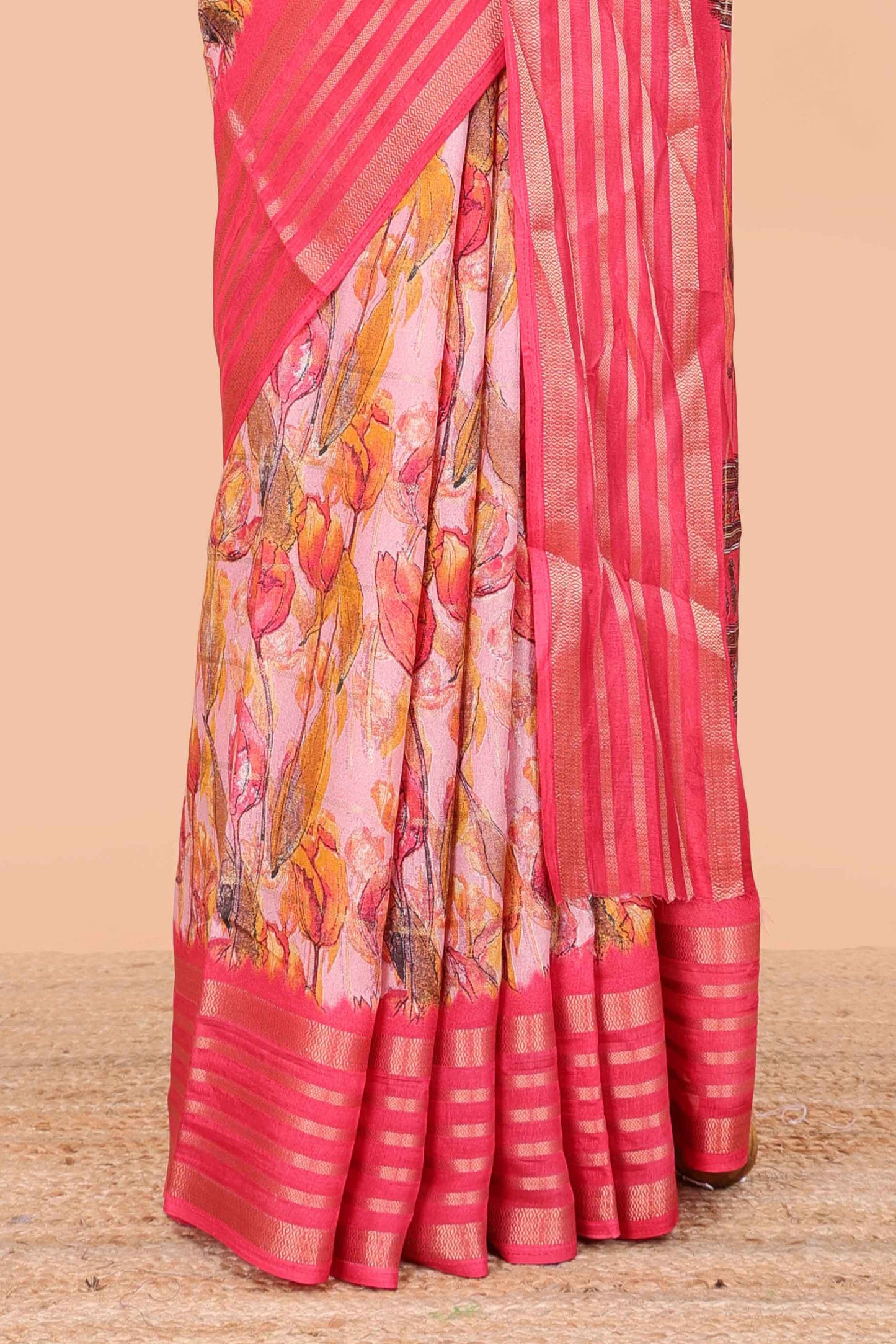 Pink moss chiffon saree with striped floral print, contrast zari border and pallu