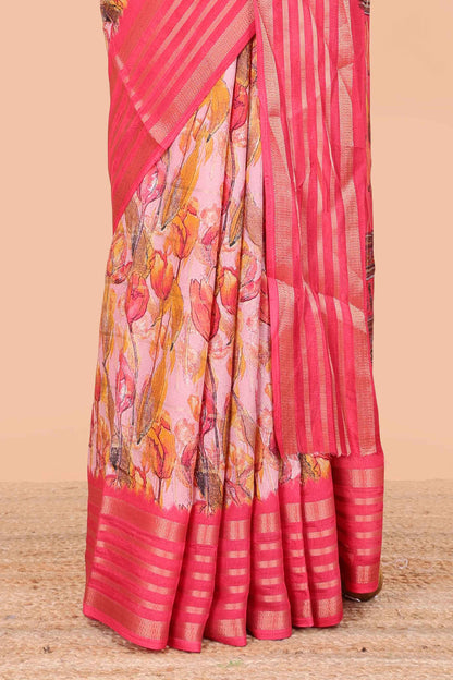 Pink moss chiffon saree with striped floral print, contrast zari border and pallu