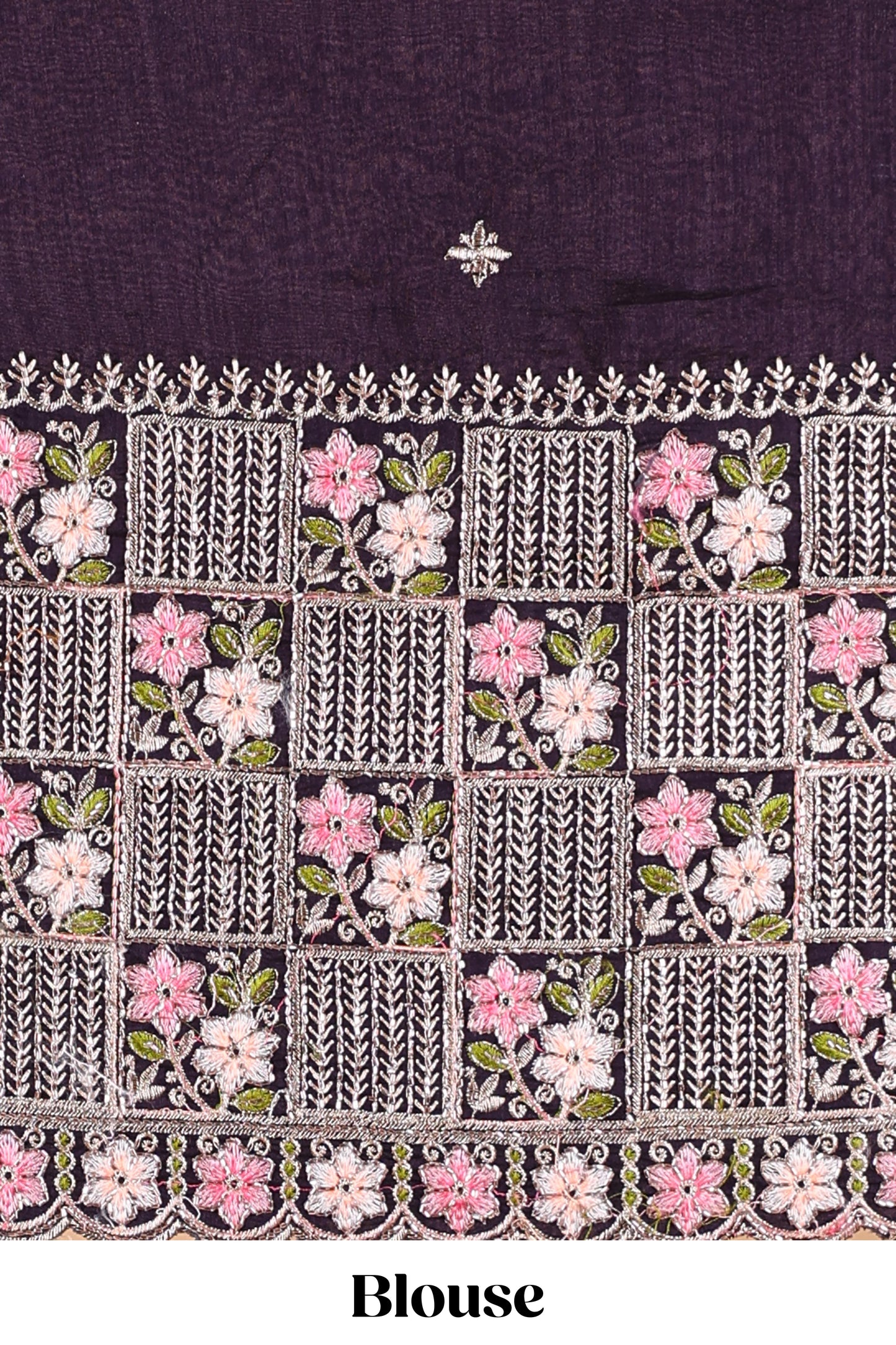 Lavender designer georgette space silk saree with heavy stone & beads work, short pallu and contrast sequin embroidered blouse